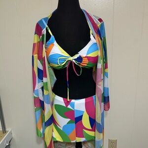Colorful Geometric Bikini top with biker shorts bottoms with added Cover-Up 3 pc